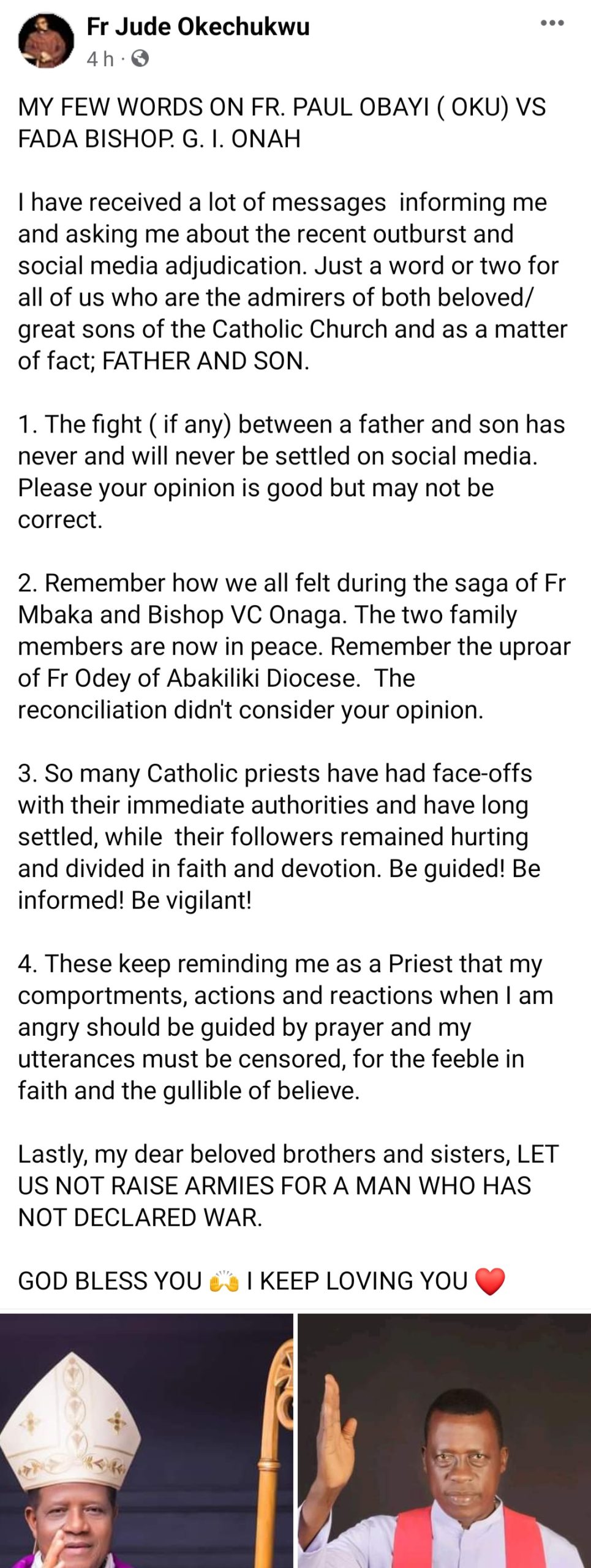 "The fight between a father and son will never be settled on social media" Catholic Priest advices as Fr Paul Obayi threatens to leave Catholic church over alleged oppression from Bishop Onah