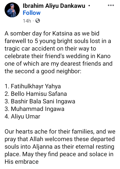 Five men die in auto crash on their way to Kano for a friend