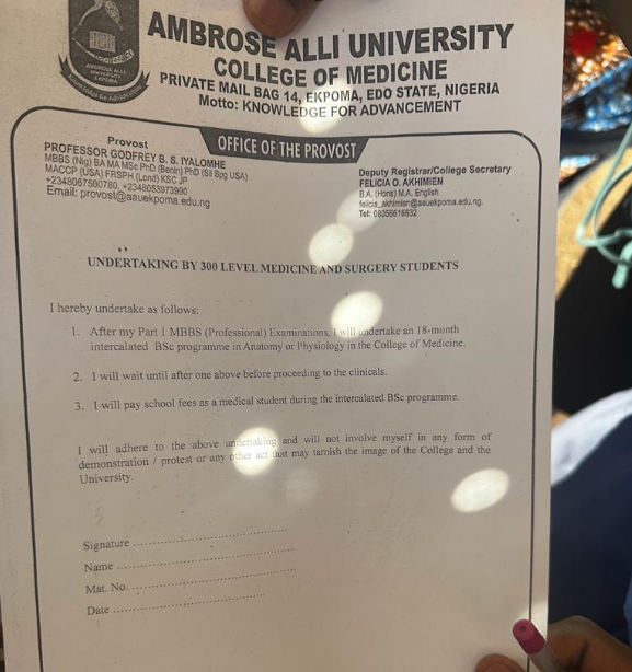 Outrage as Ambrose Alli University makes medical students sign 