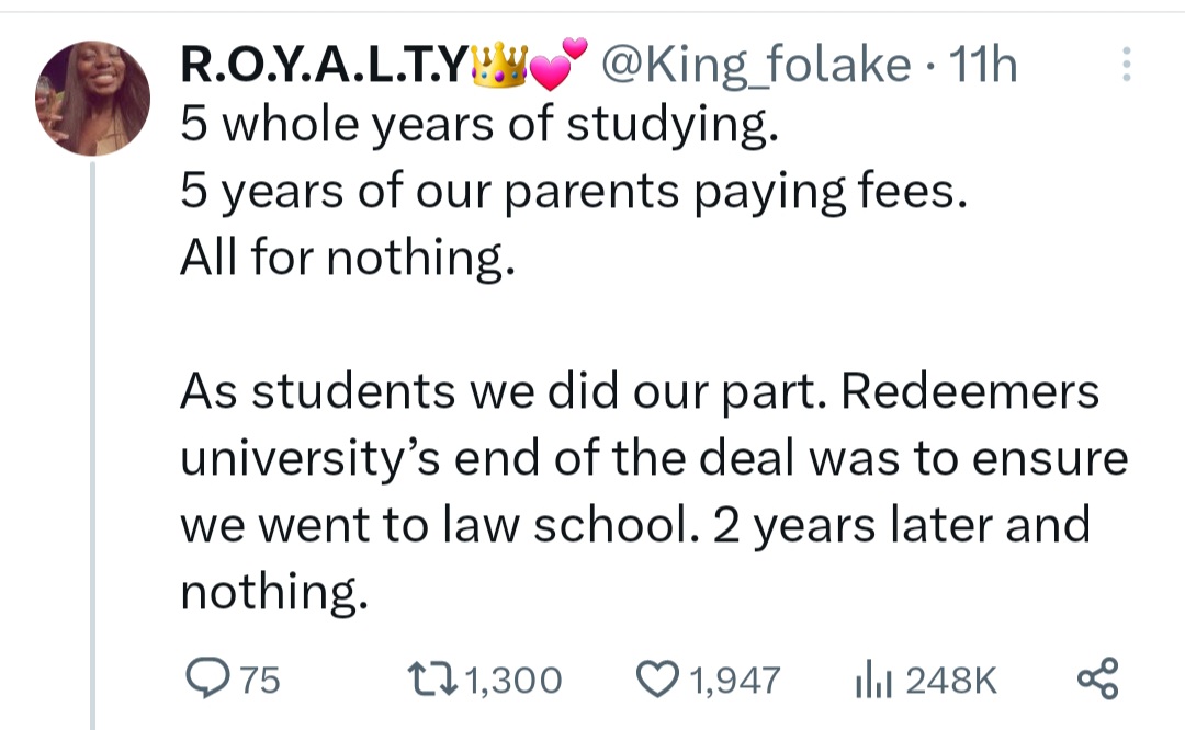 Redeemers University called out by ex-student who can