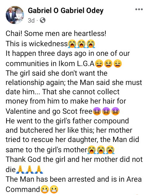 Man allegedly machetes his lover in Cross River for failing to visit him on Valentine?s Day after he gave her N7,000 to make her hair