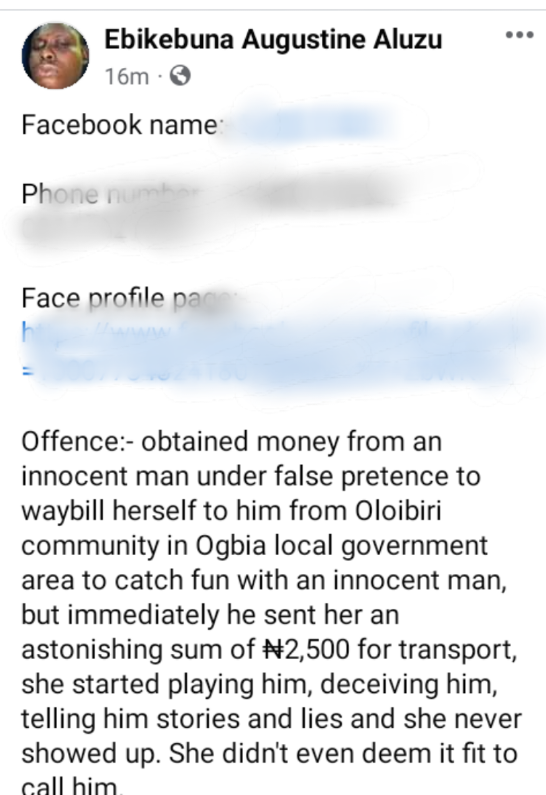Refund the money - Nigerian lawyer calls out lady for refusing to visit a man after obtaining N2,500 transport fare from him