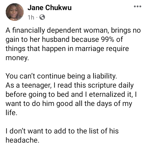 A financially dependent woman brings no gain to her husband because 99% of things that happen in marriage require money - Nigerian lady says